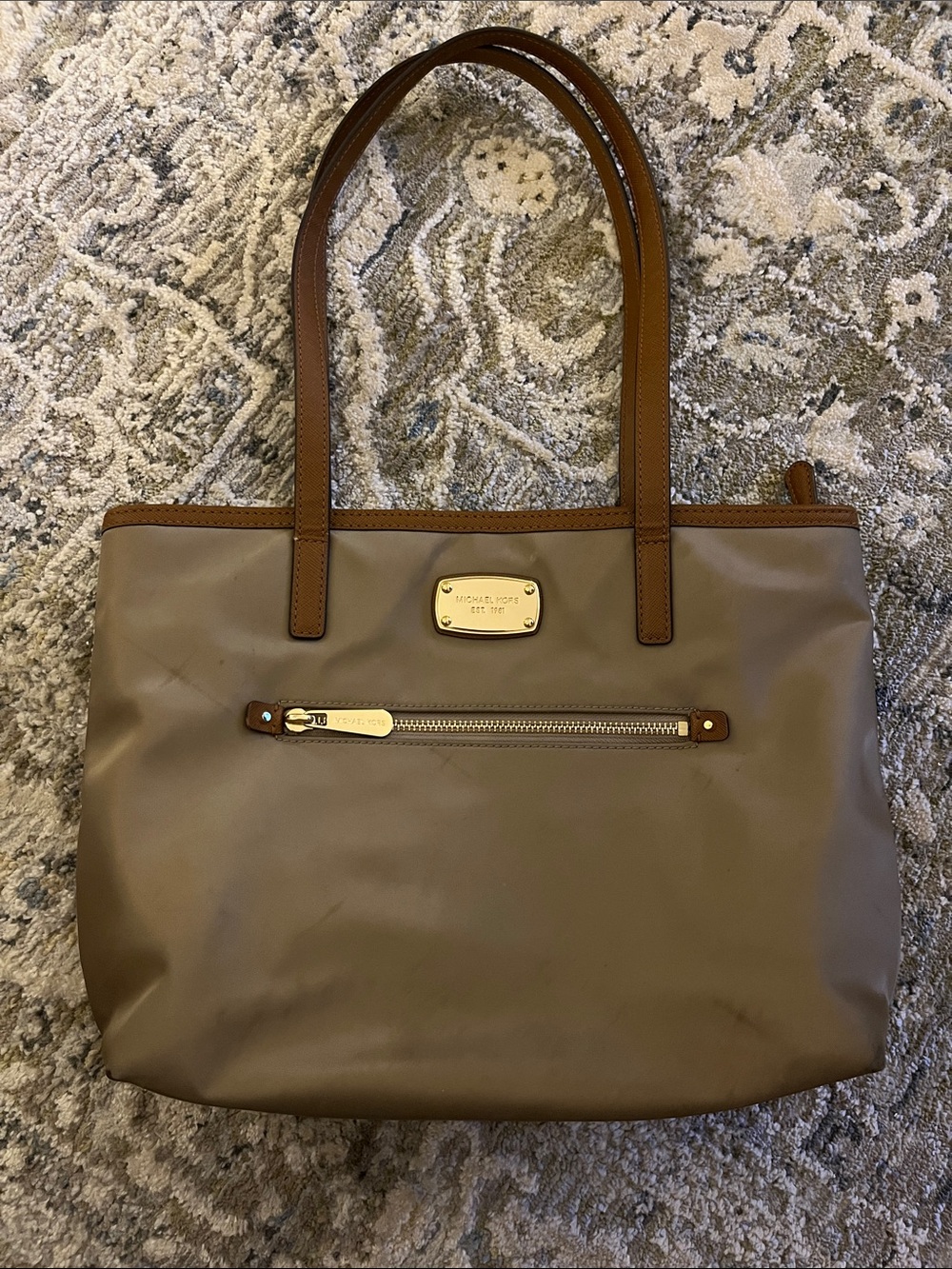 Michael Kors Taupe Nylon Shoulder Tote with Brown Leather Trim
